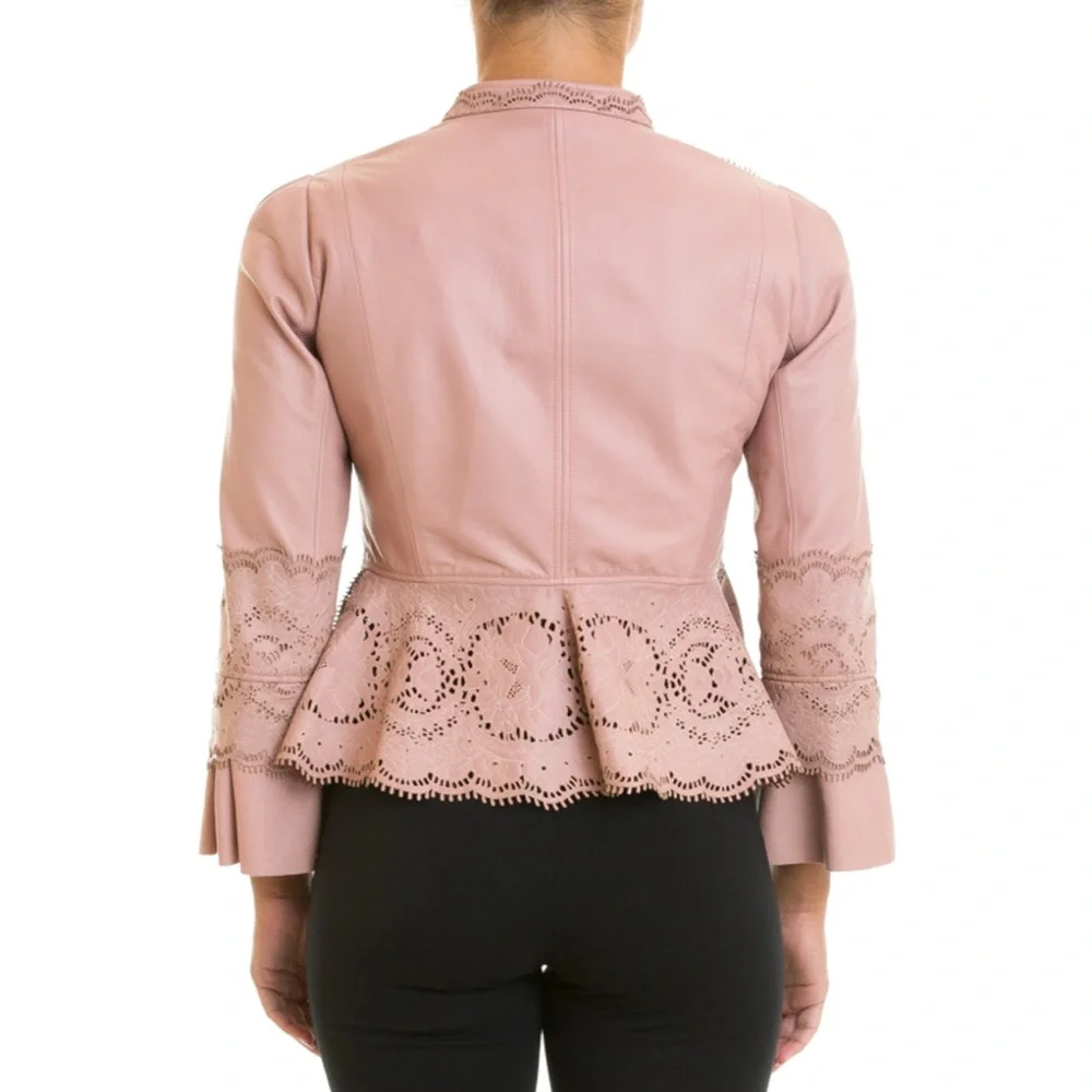 Roberto Cavalli Pink Laser Cut Pink Leather Jacket - Picture 3 of 8